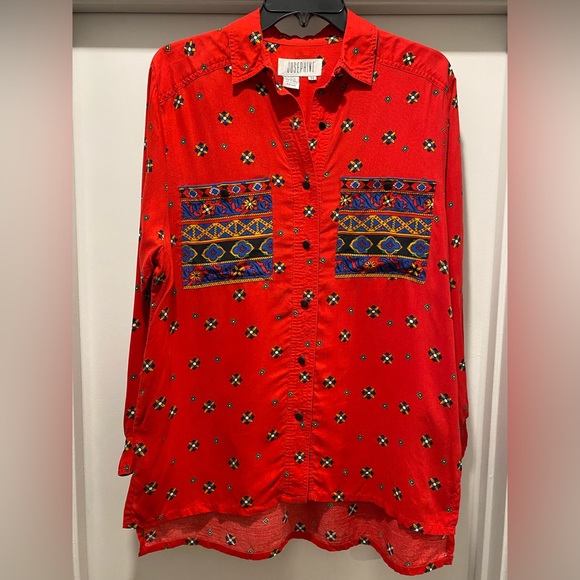 VTG Josephine Red Patterned Button-Up Long-Sleeve Shirt With Pockets - Size Med - Picture 2 of 10